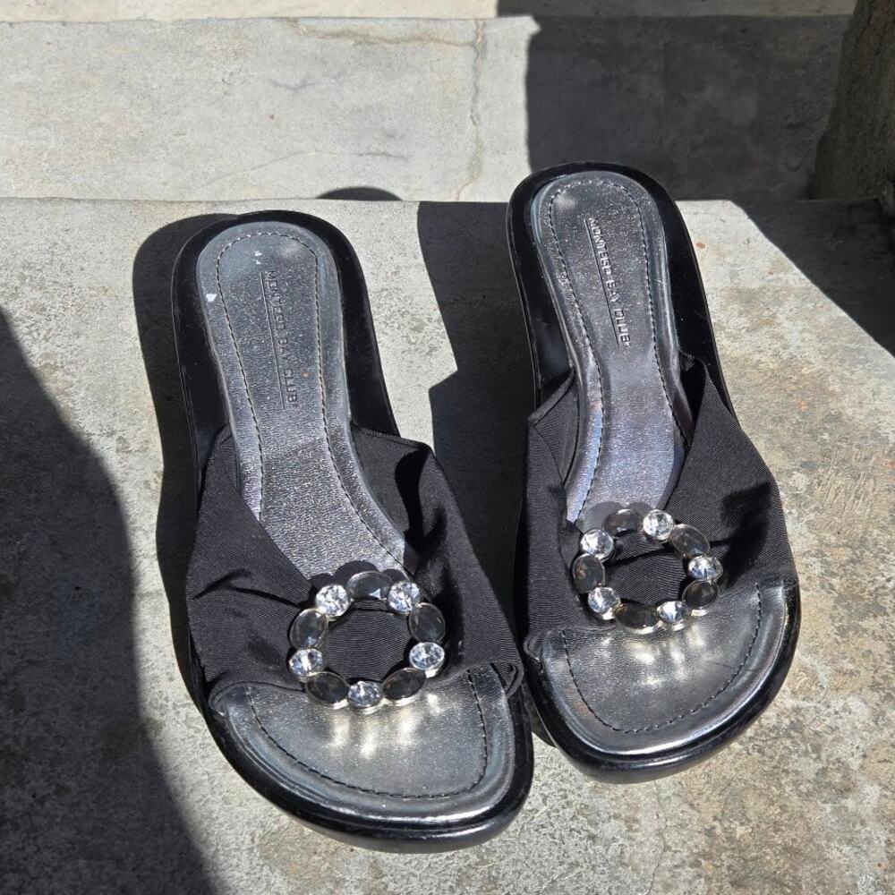 black rhinestone bow slide sandals size 10 ♡